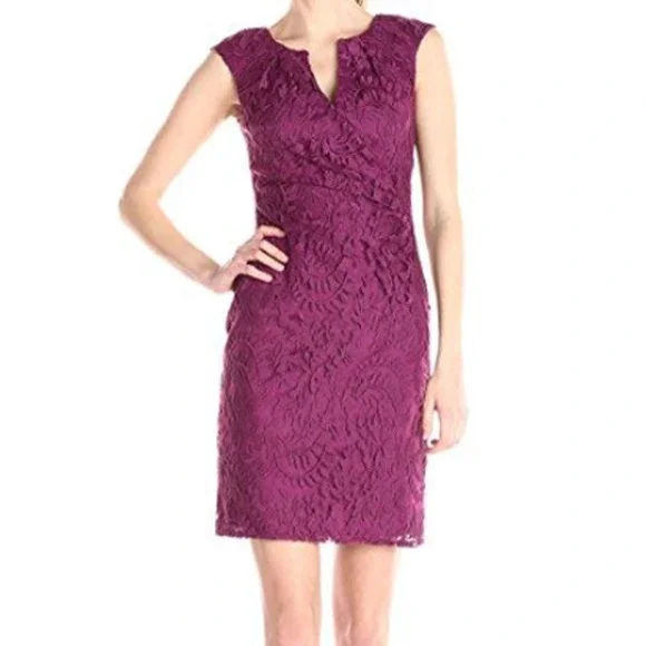 Adrianna Papell Dresses | Adrianna Papell | Plum Lace Split V-Neck Cap Sleeve Sheath Dress | Color: Purple | Size: 4 | Liquidmoonbtq's Closet